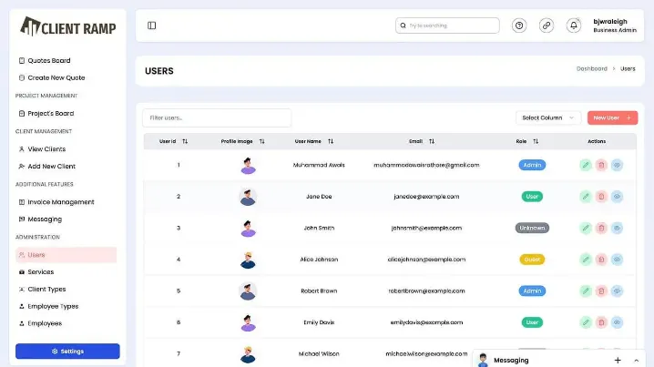 ClientRamp client management screen showing contact details, project history, and communication logs.