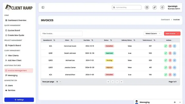 ClientRamp invoice screen showing branded invoices with PayPal, Stripe, and QuickBooks payment options.