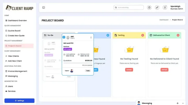 ClientRamp centralized project management and task assignment interface showing project board and deadlines.